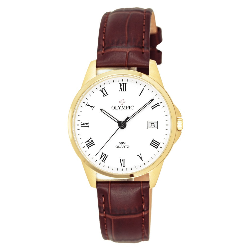 Olympic Men's Watch - Roman Numeral & Date with Leather Strap - Gold