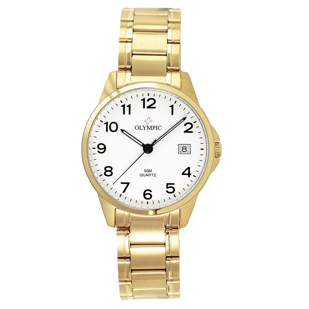 Olympic Men's Watch - White Dial with Numbers & Date - Gold