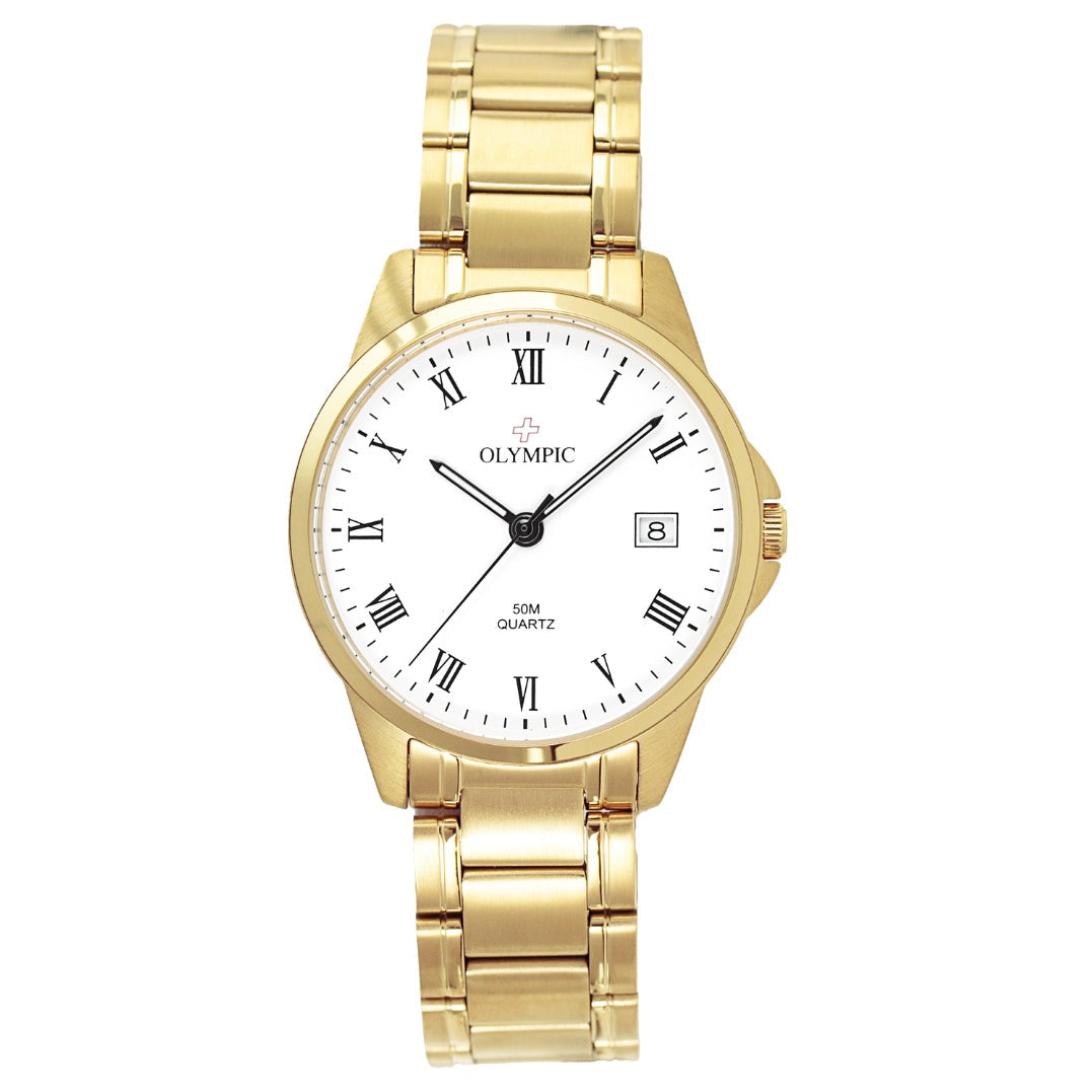 Olympic Men's Watch - White Dial with Roman Numerals  & Date - Gold