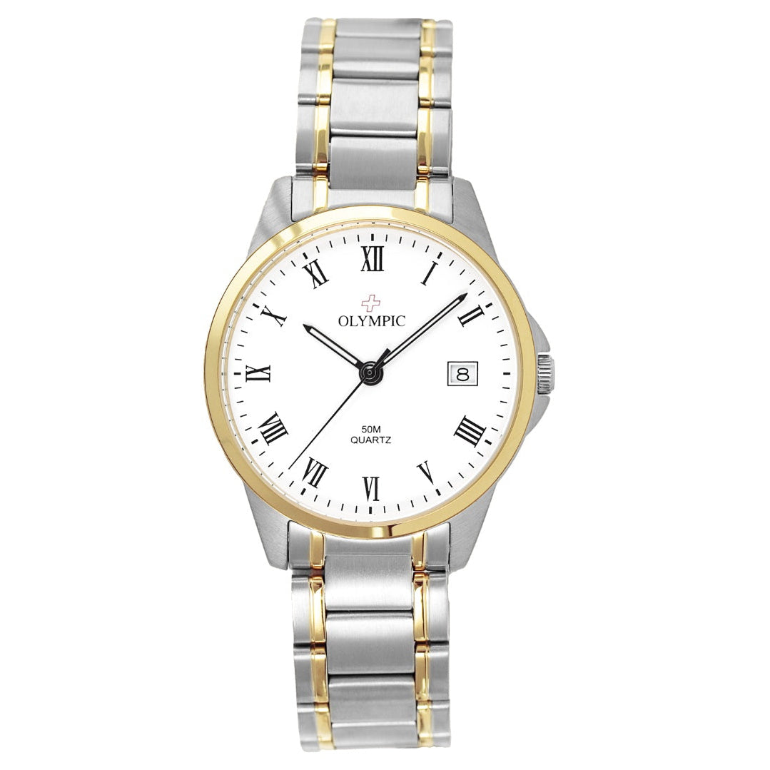Olympic Men's Watch - White Dial with Numbers & Date - 2-Tone