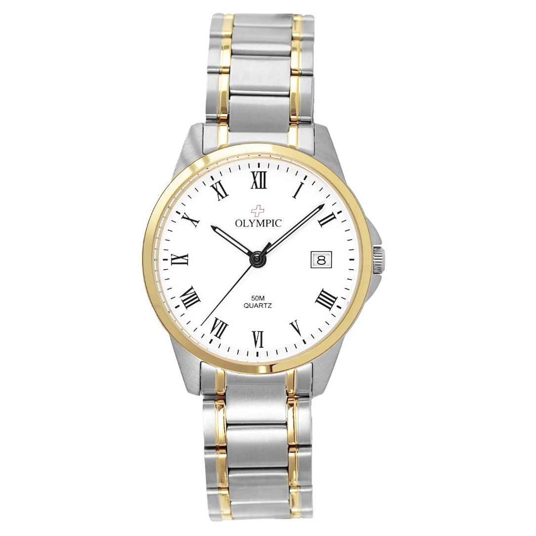 Olympic Men's Watch - White Dial with Roman Numerals & Date - 2-Tone