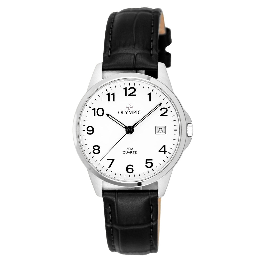 Olympic Men's Watch - Numbers & Date with Leather Strap - Steel