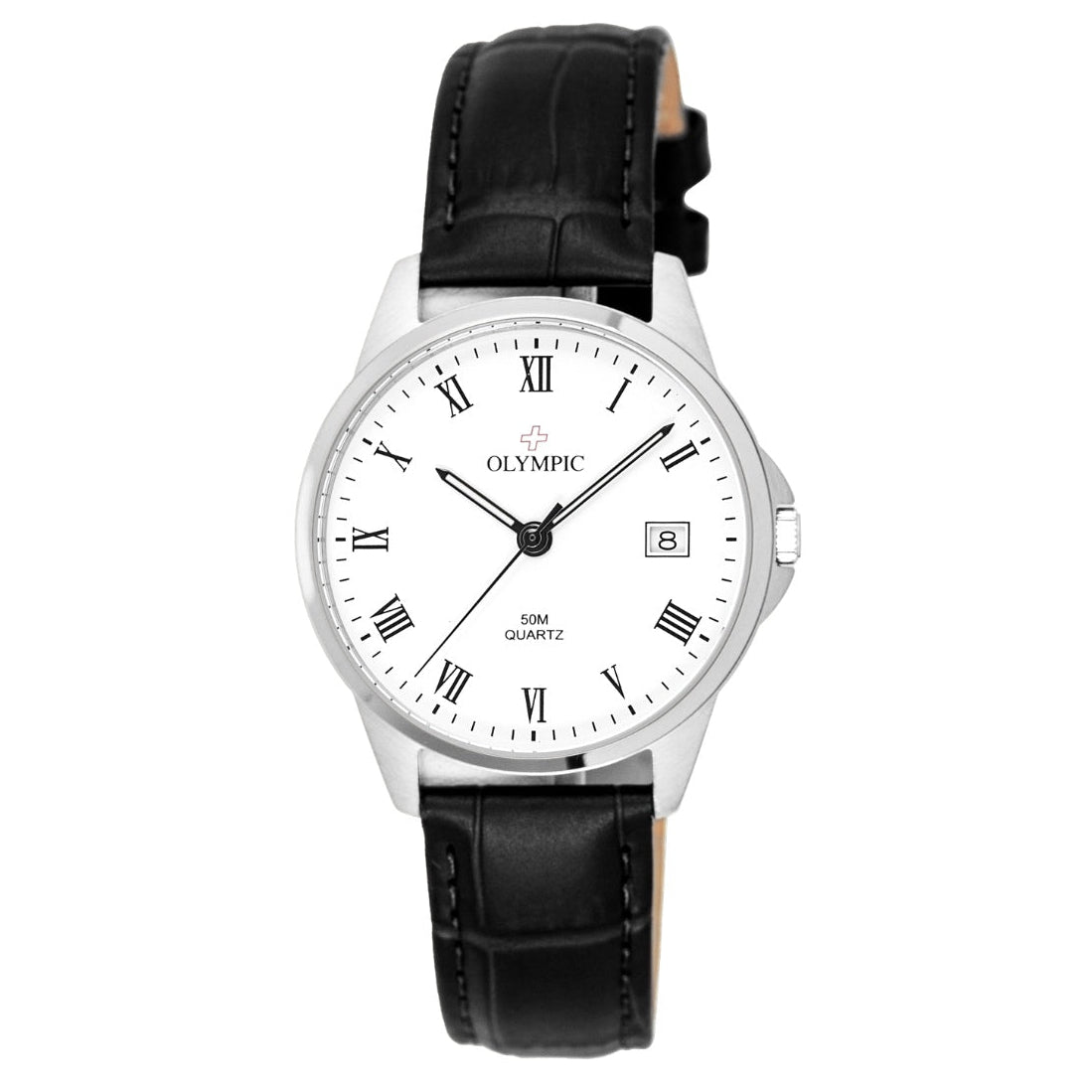 Olympic Men's Watch - Roman Numeral & Date with Leather Strap - Steel