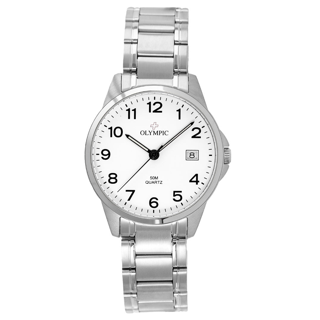 Olympic Men's Watch - White Dial with Numbers & Date - Steel