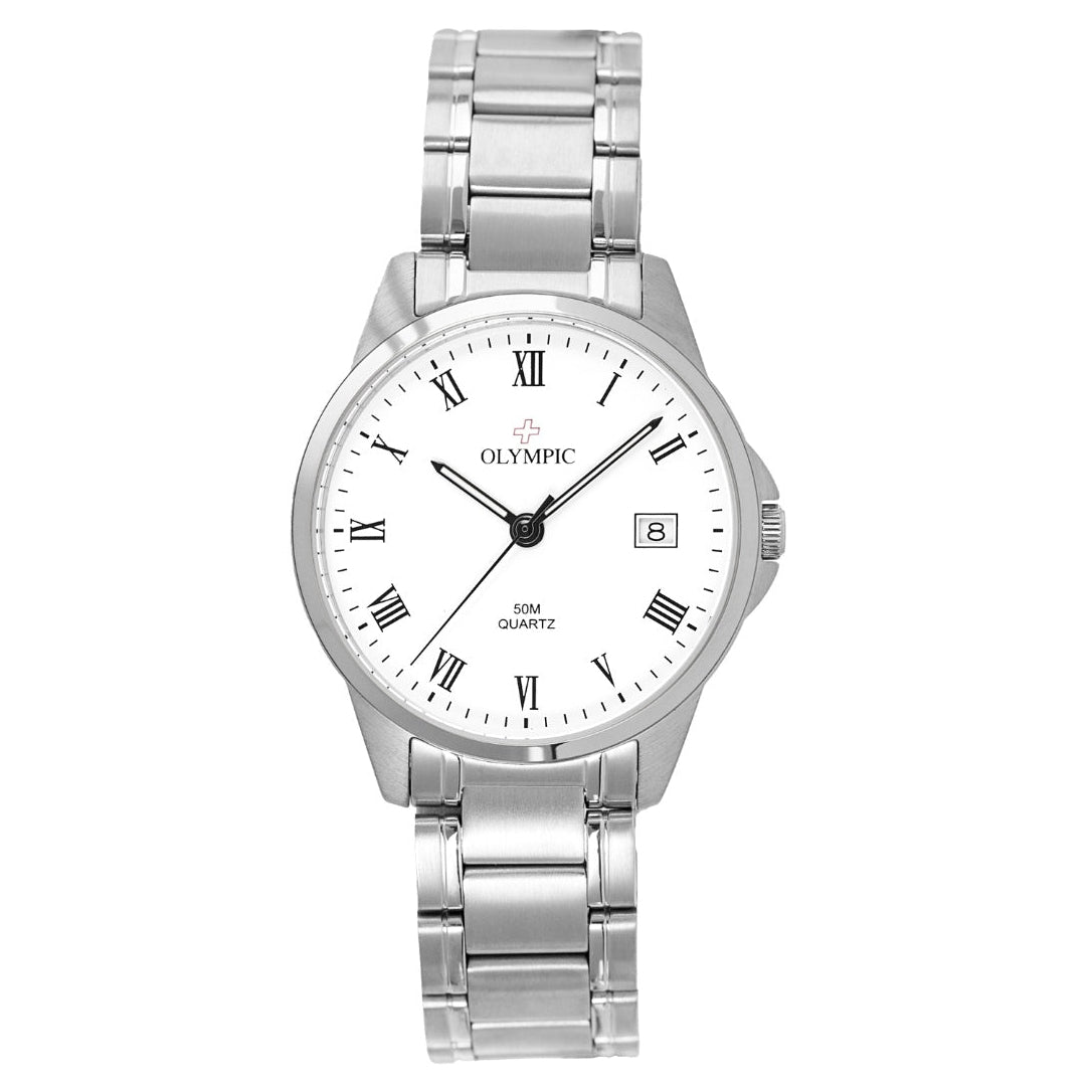 Olympic Men's Watch - White Dial with Roman Numerals & Date - Steel