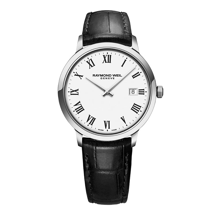 Raymond Weil Toccata Men's Classic White Dial Quartz Watch, 42mm Stainless steel, black leather strap, white dial