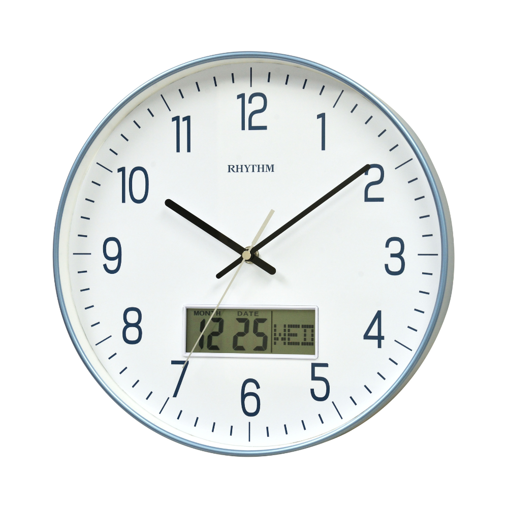 Rhythm Wall Clock 30.5cm – LCD Calendar Metallic Blue