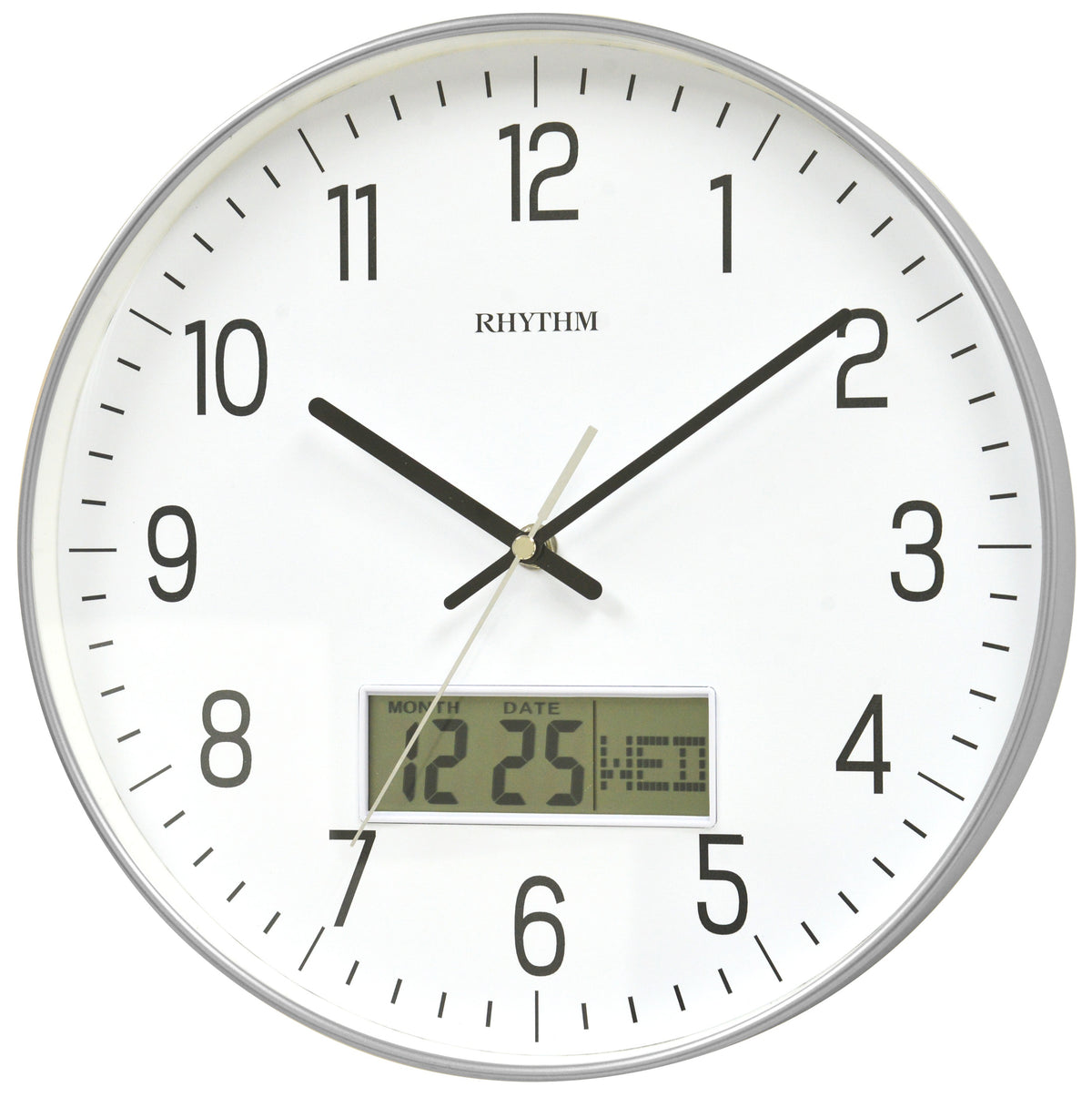 Rhythm Wall Clock 30.5cm – LCD Calendar Metallic Silver