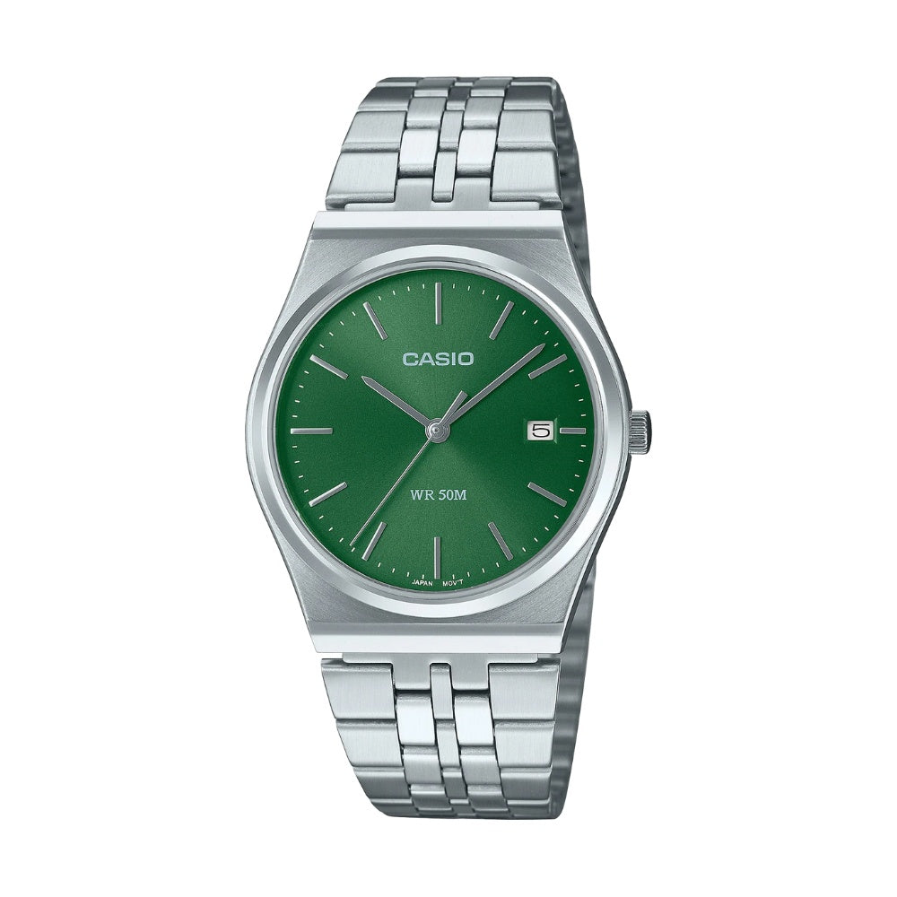 Casio Vintage Analogue Gents Watch - Steel with Green Dial